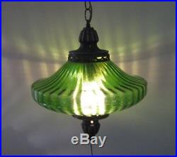 Vintage Mid-Century Modern Green Glass UFO Hanging Swag Lamp / Light 60s RETRO