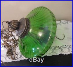 Vintage Mid-Century Modern Green Glass UFO Hanging Swag Lamp / Light 60s RETRO