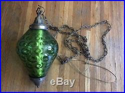 Vintage Mid Century Modern Green Swag Lamp Hanging Light Fixture Art Glass Retro