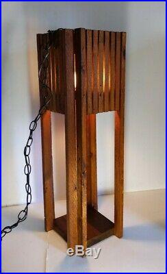 Vintage Mid Century Modern Hanging Chain Wood Slat Swag Pendant Lamp/Light