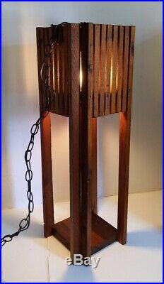 Vintage Mid Century Modern Hanging Chain Wood Slat Swag Pendant Lamp/Light