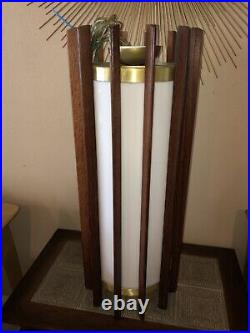 Vintage Mid Century Modern Hanging Light Lamp Wood Teak Brass Pendant McFadden