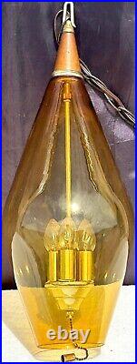 Vintage Mid Century Modern Hollywood Regency 3 Light Amber Colored Swag Lamp