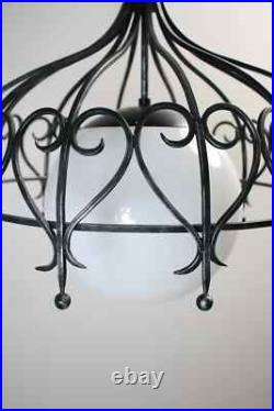 Vintage Mid Century Modern Italian wrought iron globe hanging lamp