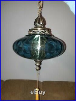 Vintage Mid Century Modern Large Blue Glass Globe Hanging Light Swag Lamp