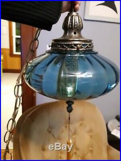 Vintage Mid Century Modern Large Blue Glass Globe Hanging Light Swag Lamp
