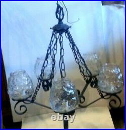 Vintage Mid Century Modern MCM Black Metal Hanging Globe Chandelier Swag Lamp