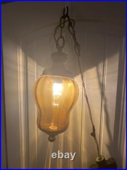Vintage Mid-Century Modern (MCM) Rich Amber Glass Swag Hanging Pendant Lamp, 16