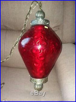 Vintage Mid Century Modern Red Glass Strawberry look. Hanging Swag Lamp