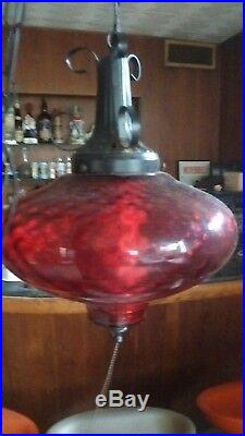 Vintage Mid Century Modern Red Glass UFO Hanging Swag Lamp Light 60s RETRO 70s