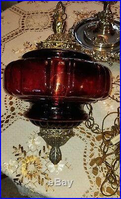 Vintage Mid-Century Modern Red/Maroon Glass Hanging Swag Lamp / Light 60s RETRO
