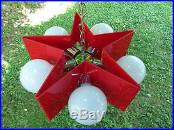 Vintage Mid Century Modern Red Star Acrylic Chrome Hanging Lamp 5 Globe Light
