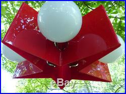 Vintage Mid Century Modern Red Star Acrylic Chrome Hanging Lamp 5 Globe Light
