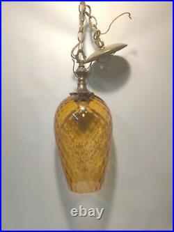 Vintage Mid Century Modern Retro AMBER Diamond Optic Glass Hanging Lamp Italy