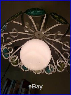 Vintage Mid Century Modern Swag Lamp Light Hanging Retro Teal Green White Chain