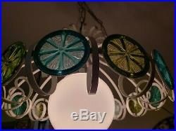 Vintage Mid Century Modern Swag Lamp Light Hanging Retro Teal Green White Chain