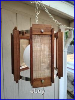 Vintage Mid Century Modern Teak Pendant Light Woven Cane Globe Lamp Modeline Sty