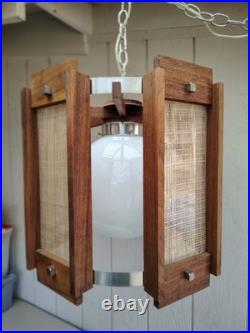 Vintage Mid Century Modern Teak Pendant Light Woven Cane Globe Lamp Modeline Sty