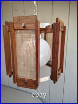 Vintage Mid Century Modern Teak Pendant Light Woven Cane Globe Lamp Modeline Sty