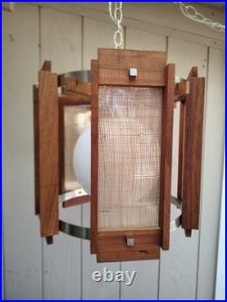 Vintage Mid Century Modern Teak Pendant Light Woven Cane Globe Lamp Modeline Sty