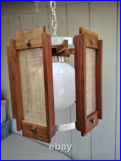 Vintage Mid Century Modern Teak Pendant Light Woven Cane Globe Lamp Modeline Sty