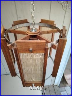 Vintage Mid Century Modern Teak Pendant Light Woven Cane Globe Lamp Modeline Sty