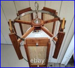 Vintage Mid Century Modern Teak Pendant Light Woven Cane Globe Lamp Modeline Sty