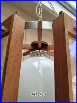 Vintage Mid Century Modern Teak Pendant Light Woven Cane Globe Lamp Modeline Sty
