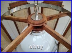 Vintage Mid Century Modern Teak Pendant Light Woven Cane Globe Lamp Modeline Sty