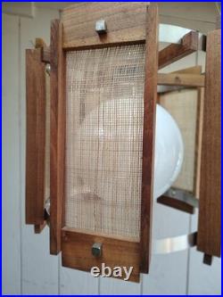 Vintage Mid Century Modern Teak Pendant Light Woven Cane Globe Lamp Modeline Sty