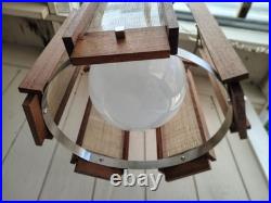 Vintage Mid Century Modern Teak Pendant Light Woven Cane Globe Lamp Modeline Sty