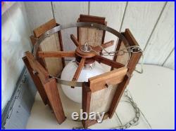 Vintage Mid Century Modern Teak Pendant Light Woven Cane Globe Lamp Modeline Sty