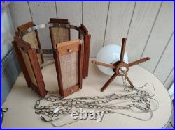 Vintage Mid Century Modern Teak Pendant Light Woven Cane Globe Lamp Modeline Sty