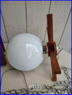 Vintage Mid Century Modern Teak Pendant Light Woven Cane Globe Lamp Modeline Sty
