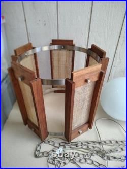 Vintage Mid Century Modern Teak Pendant Light Woven Cane Globe Lamp Modeline Sty