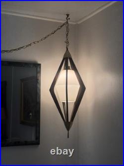 Vintage Mid Century Modern Walnut & Frosted Glass Pendant Lamp, 1960s pos Virden