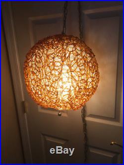 Vintage Mid Century Orange/Amber Spun Acrylic Lucite Spaghetti Hanging Swag Lamp