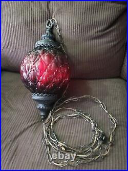 Vintage Mid Century Red Optic Art Glass Ball Shade Hanging Swag Lamp Light