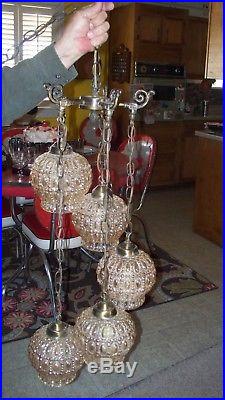 Vintage Mid Century Regency Champagne Light Hanging Ceiling Lamp 5 globes corded