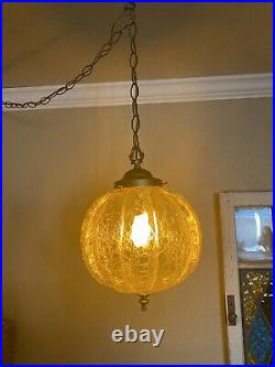 Vintage Mid Century Retro Clear Crackle Glass Pumpkin Shaped Swag Hanging Light