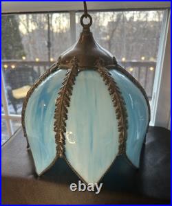 Vintage Mid Century Slag Glass Tulip Hanging Lamp shade Blue 8 Panels READ