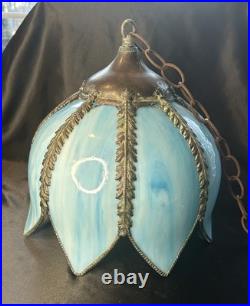 Vintage Mid Century Slag Glass Tulip Hanging Lamp shade Blue 8 Panels READ