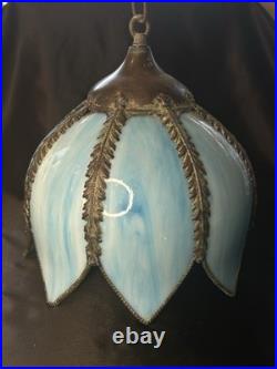 Vintage Mid Century Slag Glass Tulip Hanging Lamp shade Blue 8 Panels READ