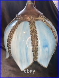 Vintage Mid Century Slag Glass Tulip Hanging Lamp shade Blue 8 Panels READ