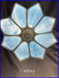 Vintage Mid Century Slag Glass Tulip Hanging Lamp shade Blue 8 Panels READ