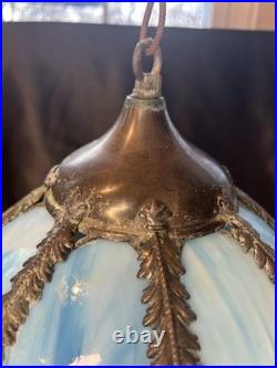 Vintage Mid Century Slag Glass Tulip Hanging Lamp shade Blue 8 Panels READ