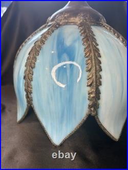Vintage Mid Century Slag Glass Tulip Hanging Lamp shade Blue 8 Panels READ
