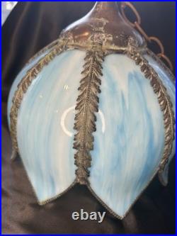 Vintage Mid Century Slag Glass Tulip Hanging Lamp shade Blue 8 Panels READ