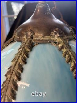 Vintage Mid Century Slag Glass Tulip Hanging Lamp shade Blue 8 Panels READ