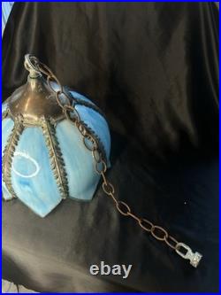 Vintage Mid Century Slag Glass Tulip Hanging Lamp shade Blue 8 Panels READ